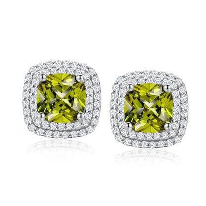 Dainty Birthstone Earrings for Women Sterling Silver Small Stud Earrings with Halo Cushion/Round Created Gemstone Earrings Birthstone Jewelry - style: A 08. Aug./created peridot-cushion cut