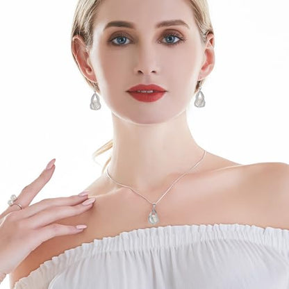 Pearl Jewelry Set For Women S925 Sterling Silver/14K Gold Plated Necklace & Earrings Set Freshwater Pearl Pendant Cage Set for Wedding Anniversary Prom Birthday Gift - color: Silvery-White