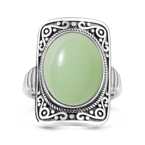 Big Oval Stone Ring,Rectangle Square Vintage Retro Sterling Silver Natural Crystal Quartz Gemstone Boho Bohemian Statement Ring Jewelry for Women Her - color: A03_Green Jade