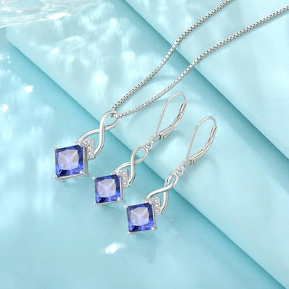 Infinity Necklace 925 Sterling Silver Princess Cut Pendant Birthstone Jewelry for Women - color: Violet Blue