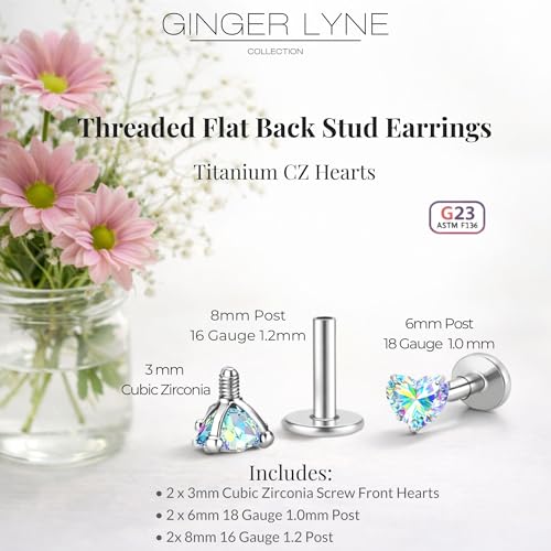 Titanium Heart CZ Labret Stud Earrings for Piercings by Ginger Lyne 6Pc Set G23 Screw Front Flat Back Body Jewelry 2 pair post 6mm, 8mm Cartilage, Helix, Tragus, Lip, Conch, Lobe - color: 3mm-AuroraBorealis