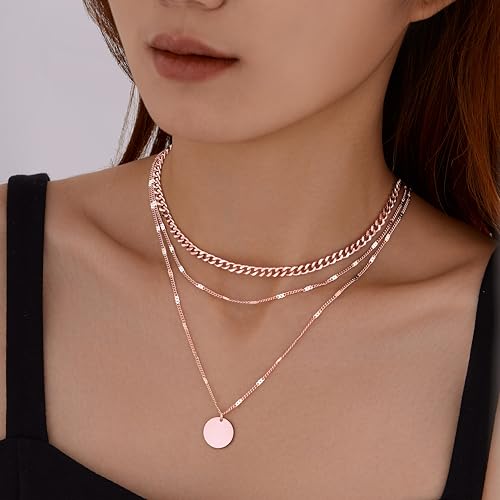 WomenGifts Layered Gold Necklaces for Women, 14K Gold Sterling Silver Plated Dainty Pendant Necklace Set Non Tarnish, Chunky Stackable Cuban Chain Choker, Trendy Birthstone Vacation Jewelry Gift - color: Rose Gold, style: Mirror Coin