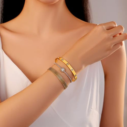 18K Gold Plated Bangle Bracelet Set for women,Cubic Zirconia Classic Stainless Steel Adjustable Gold Tennis Love Bracelets Stack for women and men - color: Stone Love Set