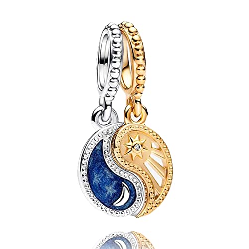 14K Gold Plated Silver Charms for Pandora, Women Heart Family Love Pet Animal Bead Dangle for Bracelets Necklace Jewelry Gift - color: B-Two-Tone Splittable Sun and Moon