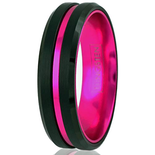 Fantabulous 6mm/8mm Brushed Satin Finish Black Tungsten Carbide Band Ring w/Hot Pink Stripe & Hot Pink Anodized Aluminum Inner Band feat. Comfort Fit.