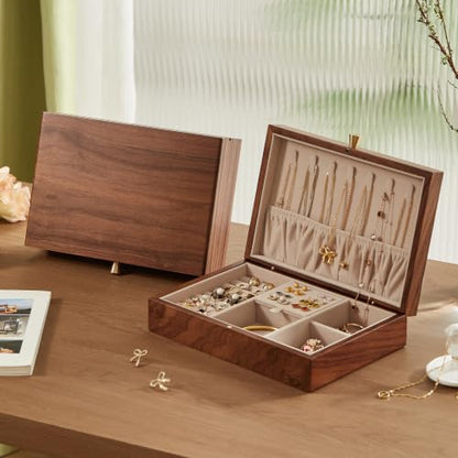 Walnut Wood Jewelry Box with Necklace Hook, Gift for Women | 7 Necklace Hooks, Velvet-Lined, Stores Watches Rings Earrings Necklaces Bracelets, Jewelry Organizer, Gift for Her - style: 1 Layer A