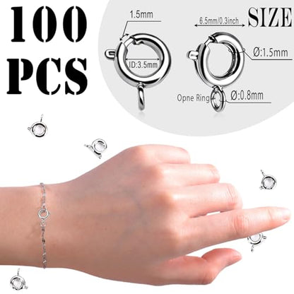 stino 100Pcs Small Spring Round Jewelry Clasps (White Gold Plated) | Brass, High Polished, Necklaces & Bracelets Findings - color: White Gold Plated