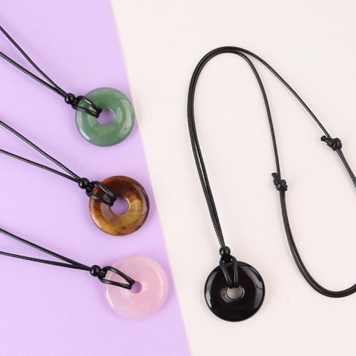 Anjiucc Natural Gemstone Pendant Necklce Lucky Coin Crystal Necklace Donut Pendnat with Adjustable Rope Healing Crystal for Men - color: Tiger's Eye