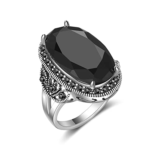 Mytys Retro Vintage Cocktail Statement Ring Black Marcasite & Crystal Rings for Women Antique Silver Big Black Onyx Stone Ring - color: Silver 9