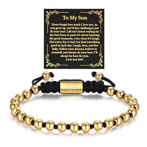 18K Gold-Plated Bracelets for Men Franco Link Chain Adjustable | Stainless Steel Bracelet, Gold Beads Bracelet, Handcrafted Braided, Mens Jewelry Birthday Gift for Men - color: Black with Gold Card Son