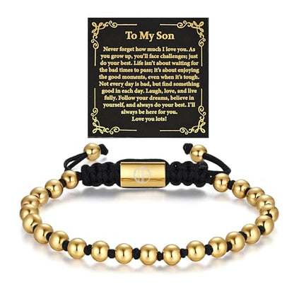 18K Gold-Plated Bracelets for Men Franco Link Chain Adjustable | Stainless Steel Bracelet, Gold Beads Bracelet, Handcrafted Braided, Mens Jewelry Birthday Gift for Men - color: Black with Gold Card Son