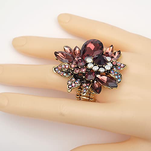 CSY Luxury Froral Cocktail Statement Rings Stretch Adjustable Ring | Gorgeous Women's Austrian Crystal Leaves Flower Big Cocktail Statement Rings Stretch Adjustable Ring Jewelry Accessories - color: Purple