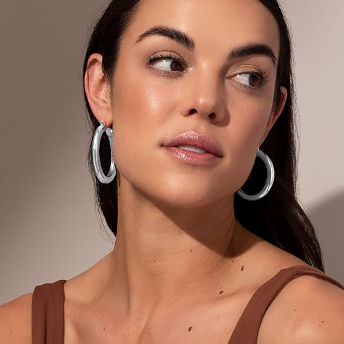 4mm Thick Gold Chunky Earrings Steling Silver Post Hoops Earrings For Women Hollow Tube Hoops Earrings Thick Gold Hoop Earrings Hypoallergenic Lightweight Gold Hoop Large Earrings 20/30/40/50/60MM - color: Silver,40mm