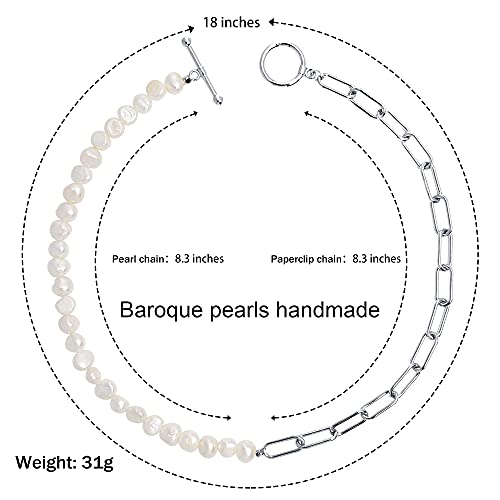 Pearl Necklace for Women Paperclip Chain Chunky Gold Necklace, Freshwater Cultured Pearls Trendy Link Chain 18K Gold Plated Dainty Pearl Choker - color: Silver pearl paperclip necklace