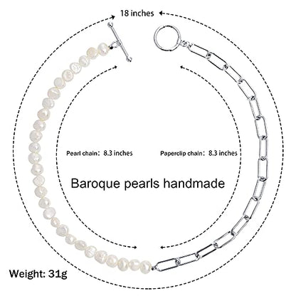 Pearl Necklace for Women Paperclip Chain Chunky Gold Necklace, Freshwater Cultured Pearls Trendy Link Chain 18K Gold Plated Dainty Pearl Choker - color: Silver pearl paperclip necklace