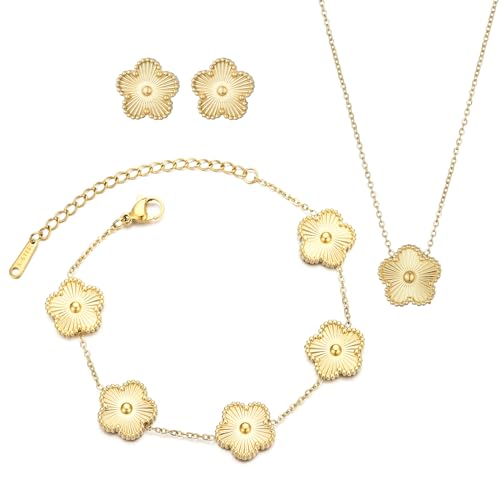 Clover Neckalce Earring Set for Women 14K Gold Plated Stainless Steel Four Leaf Clover Jewelry Set - color: Gold