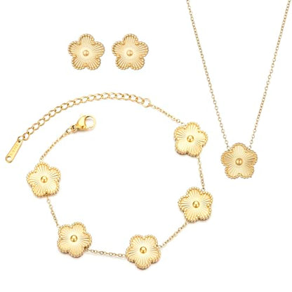 Clover Neckalce Earring Set for Women 14K Gold Plated Stainless Steel Four Leaf Clover Jewelry Set - color: Gold