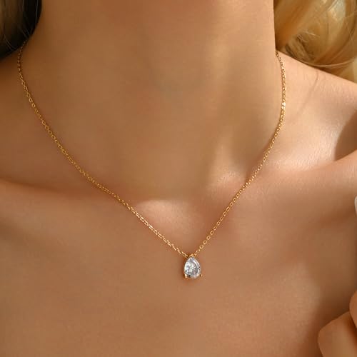 Cubic Zirconia Necklaces for Women 18K Gold Plated Tear drop Necklace Dainty Layered CZ Lariat Diamond Necklace - color: White Teardrop-Gold