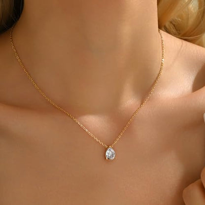 Cubic Zirconia Necklaces for Women 18K Gold Plated Tear drop Necklace Dainty Layered CZ Lariat Diamond Necklace - color: White Teardrop-Gold