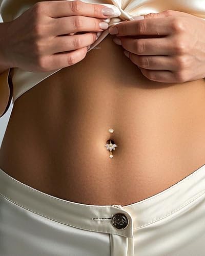 Lotus Belly Button Rings, 14G Dangle Belly Navel Rings for Women, Stainless Steel Belly Navel Piercing Jewelry - color: Gold-10MM