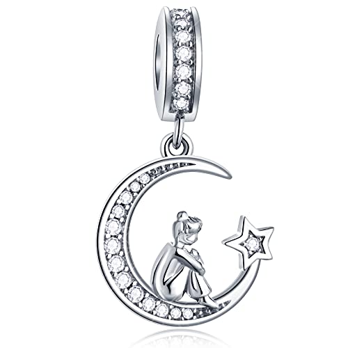 GEMDAZZ 925 Sterling Silver Valentines Day Charms Heart Charms, I Love You to The Moon and Back Pendant, Cupid Arrow and 4 Leaf Clover Beads fit European Bracelets, Gift for Lover/Wife/Girls - color: Silver Color Girl on Moon Pendant Charms