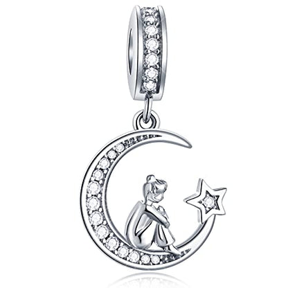 GEMDAZZ 925 Sterling Silver Valentines Day Charms Heart Charms, I Love You to The Moon and Back Pendant, Cupid Arrow and 4 Leaf Clover Beads fit European Bracelets, Gift for Lover/Wife/Girls - color: Silver Color Girl on Moon Pendant Charms