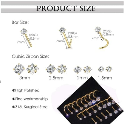 14k Gold Plated Nose Rings Studs for Women 316L Surgical Steel Nose Piercings 22g/20g/18g Gauges 1.5mm/2mm/2.5mm/3mm/3.5mm/4.5mm Sizes - color: 18g 8pcs S Silver Surgical Steel