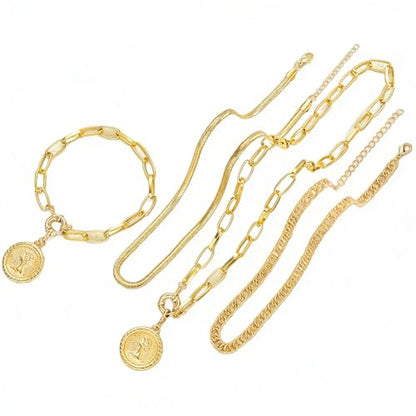 4 Pcs Gold Jewelry Set for Women with 3 Necklace, 1 Bracelet Elegant Sophisticated Style Versatile Piece Gold Plated Necklaces Bracelets