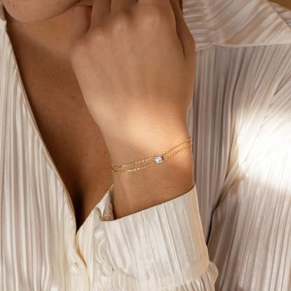 SLOONG 14K Gold Plated Pearl Bracelets for Women Trendy | Dainty Stackable Layered Chain Bridesmaid Bracelets, Waterproof Wedding Jewelry for Women Adjustable 6"+2" - color: Style5(CZ)