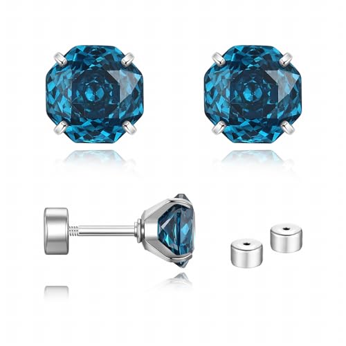 Zircon Flat Back Screw Hypoallergenic Surgical Steel Stud Earrings - color: Moonlit Blue, size: 1ct - 0.24 Inch (6mm)