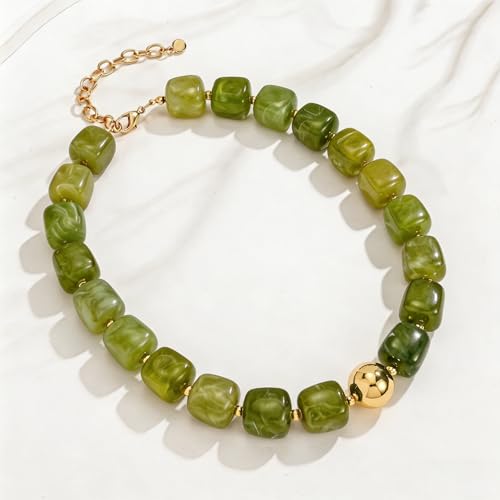 Colorful Statement Chunky Beaded Necklace for Women Trendy Y2K Boho Choker | Large Square Resin Beads Bold Summer Vacation Jewelry - color: Light green