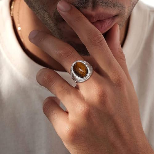 Silver Tiger Eye Stone Oval Signet Ring for Men and Women Stainless Steel Nature Stone Thumb Wedding Engagement Statement Pinky Band Rings Gift for Him, Size 7-13
