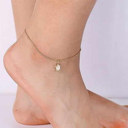 Lit Wall Gold Anklets for Women 18K Gold Plated Adjustable Summer Simple Foot Jewelry Ankle Bracelet for Women - style: Opal Turtle