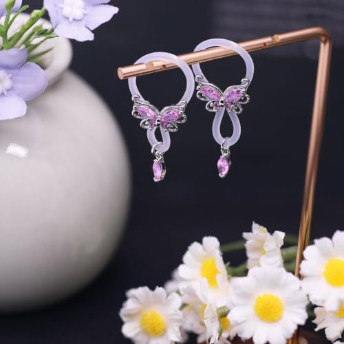 2 Pcs Butterfly Fake Nipple Rings for Women, CZ Nipple Noose Nipple Jewelry Non Piercing Dangle Nipple Ring, Non Pierced Nipple Body Jewelry - color: silver pink