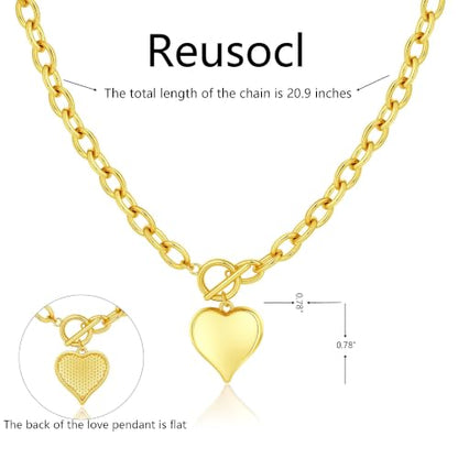 Chunky Gold Necklace for Women, Dainty 14K Gold/Silver Plated Heart Pendant Choker Necklaces Trendy Circle Chain Toggle Clasp Necklace Jewelry Gift for Women