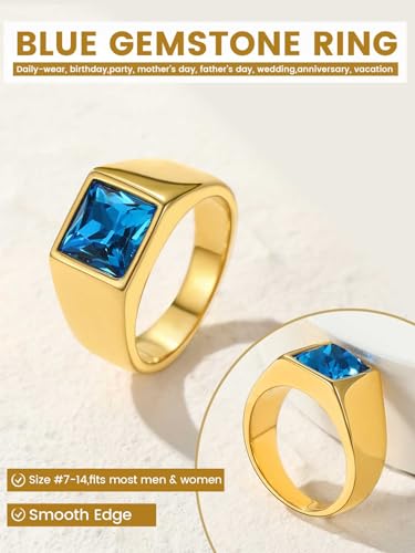 KeyStyle Square Gemstone Signet Rings for Men, Personalized Stainless Steel Pinky Ring with Black Onxy Blue Topaz Birthstone Statement Ring - color: Gold - Blue Topaz - 8mm