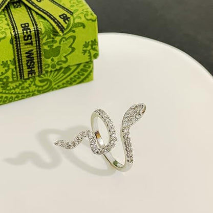 18K Gold Plated Rings for Women and Teen Girls Non Tarnish Cubic Zirconia Fidget Ring Butterfly/Snake/Mesh/Cross/Crown Knuckle Ring Open Adjustable Statement Stacking Chunky Rings - color: Silver Snake