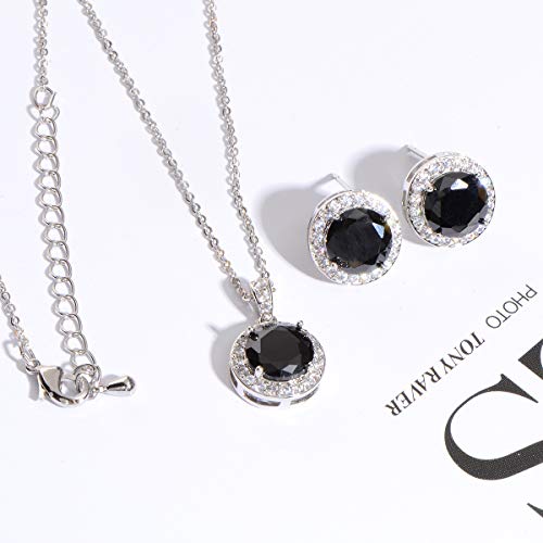 Bridal Crystal Jewelry Set - Sterling Silver Round Cubic Zirconia CZ Rhinestone Halo Birthstone Pendant Necklace Stud Earrings Set for Wedding Bride Bridesmaids Birthday Gift - color: Black