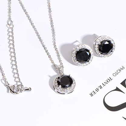 Bridal Crystal Jewelry Set - Sterling Silver Round Cubic Zirconia CZ Rhinestone Halo Birthstone Pendant Necklace Stud Earrings Set for Wedding Bride Bridesmaids Birthday Gift - color: Black