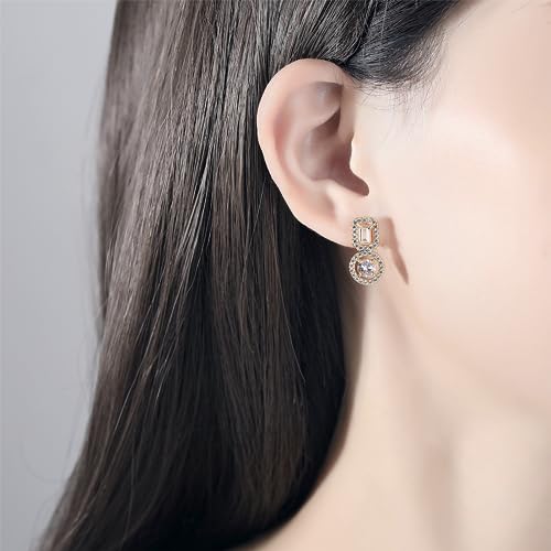 Gold Plated Geometric Style Sparkly Dainty Rectangle Teardrop Shaped AAAAA Australia Crystal with Cubic Zirconia Y Necklace Fashion Jewelry for Women & Teen Girls - color: Rectangle Round Earring WG