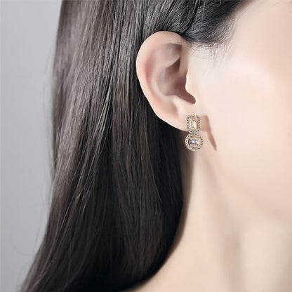 Gold Plated Geometric Style Sparkly Dainty Rectangle Teardrop Shaped AAAAA Australia Crystal with Cubic Zirconia Y Necklace Fashion Jewelry for Women & Teen Girls - color: Rectangle Round Earring WG