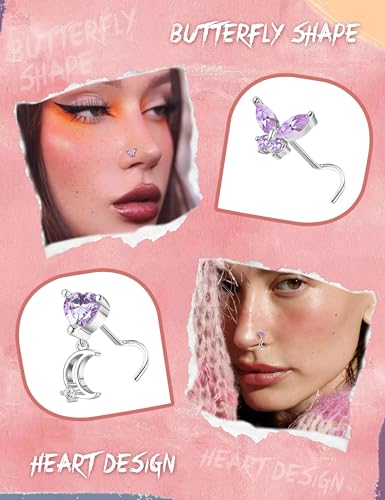 Sanfenly 12 PCS 20G Nose Rings Surgical Stainless Steel, L Shaped Nose Studs for Women Men, CZ Heart Butterfly Flower Leaf Moon Dangle Cute Nose Piercings Studs Screw Jewelry Pink/Purple/Blue/Clear - color: Screw Purple