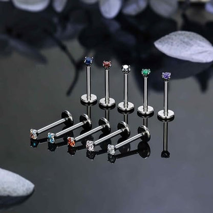 Titanium Flat Back Lip Rings Threadless Push in Earrings Studs Nose Rings 20G 18G 16G Mix Colors CZ Tragus Cartilage Lobe Rook Helix Conch Labret Medusa Nostril Piercing Jewelry for Women Men - size: 16G 8mm - 2mm CZ