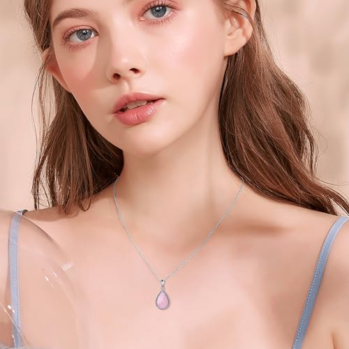 VONALA Sterling Silver Necklace Moss Agate/Turquoise/Larimar/Aquamarine/Opal/Black Onyx/Rose Quartz/Moonstone Pendant Teardrop Necklace Jewelry Gift for Women - style: Rose Quartz