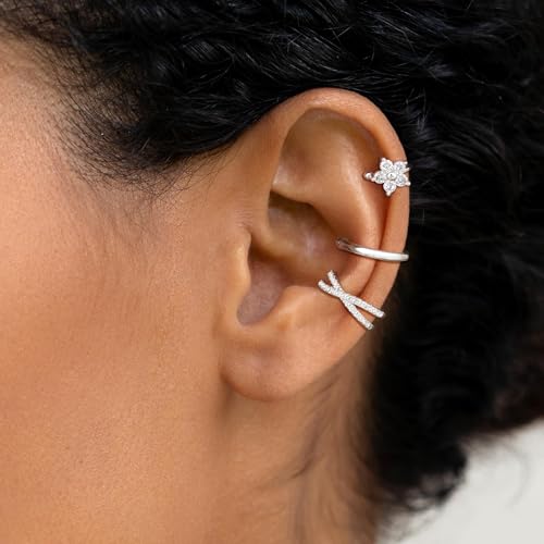 14K Gold Plated Ear Cuff Earrings for Women, Dainty Ear Cuffs Clip on Earrings Non Piercing Trendy Cubic Zirconia Cartilage Hoop Earring Fashion Jewelry Sets for Women - color: Silver 5 Flower