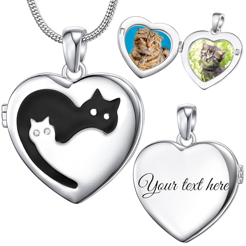 Fanery Sue Personalized Pet Locket Picture Necklace,Dog Cat Memory Gift | Custom Engraved Heart Photo Lockets Necklaces,Dog Cat Sympathy Memorial Jewelry for Women Men - color: Sliver, style: 2 Cats