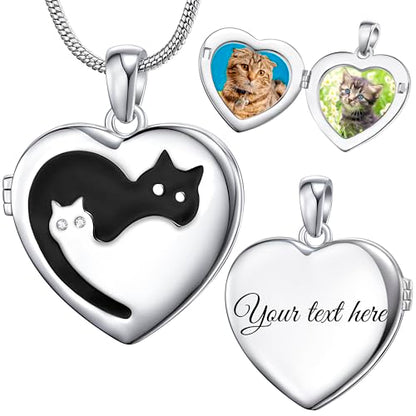 Fanery Sue Personalized Pet Locket Picture Necklace,Dog Cat Memory Gift | Custom Engraved Heart Photo Lockets Necklaces,Dog Cat Sympathy Memorial Jewelry for Women Men - color: Sliver, style: 2 Cats