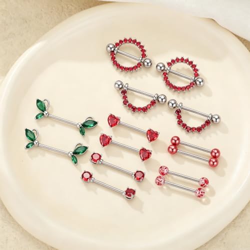 G&O JFU 7 Pairs 14G Nipple Rings Set – Stainless Steel Straight Barbell with CZ Stones, Gold Plated & Silver Tone, Butterfly Back Pink Nipple Piercing Jewelry for Women - color: Silver Red Nipple Piercing Jewelry
