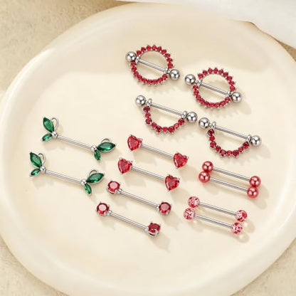 G&O JFU 7 Pairs 14G Nipple Rings Set – Stainless Steel Straight Barbell with CZ Stones, Gold Plated & Silver Tone, Butterfly Back Pink Nipple Piercing Jewelry for Women - color: Silver Red Nipple Piercing Jewelry