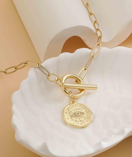 Chunky Gold Necklace for Women Trendy Non Tarnish 14K Gold Plated Paperclip Chain Charm Necklaces Chunky Heart Cross Clover Pearl Pendant Necklace with Toggle Clasp Statement Jewelry Gift for Women - color: G-Evil Eye